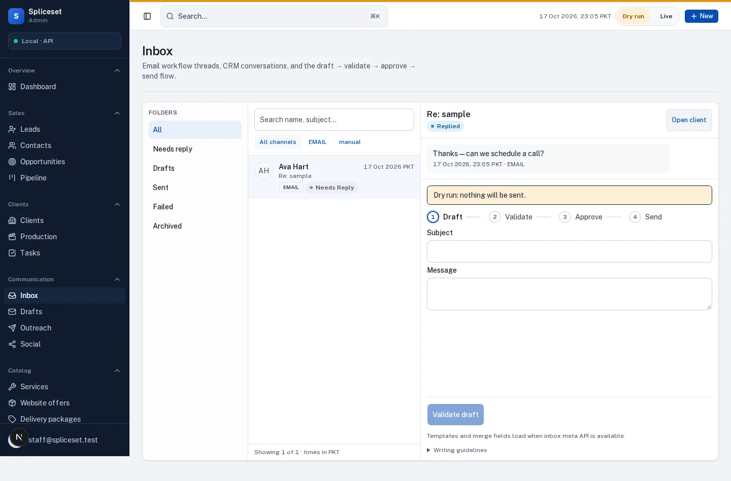 Spliceset admin inbox thread view with message list and conversation detail.