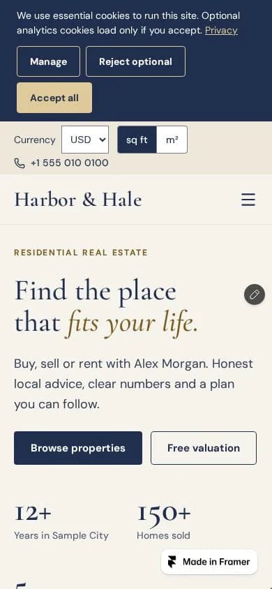 Harbor and Hale homepage on a narrow mobile viewport.