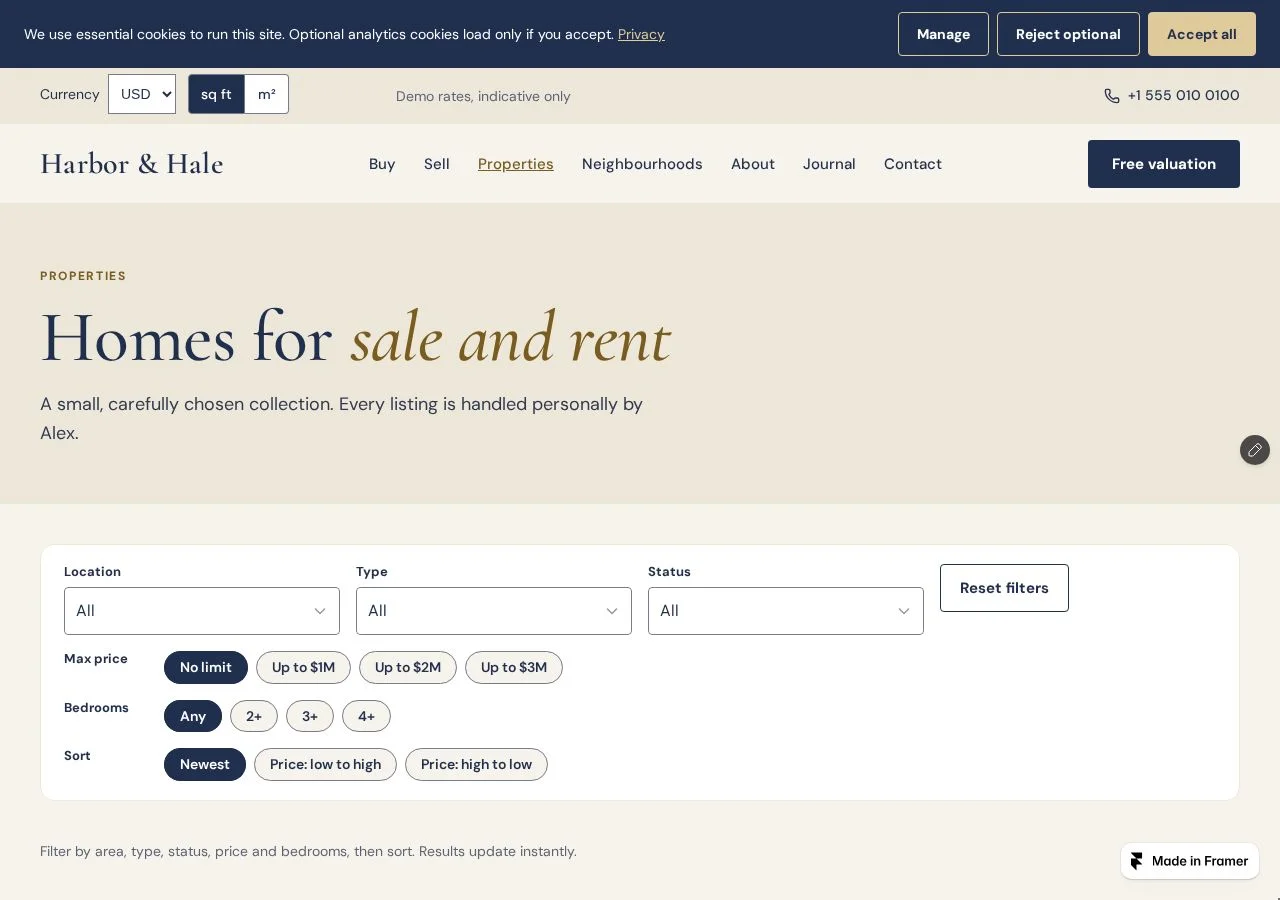 Harbor and Hale properties listing page with card grid.