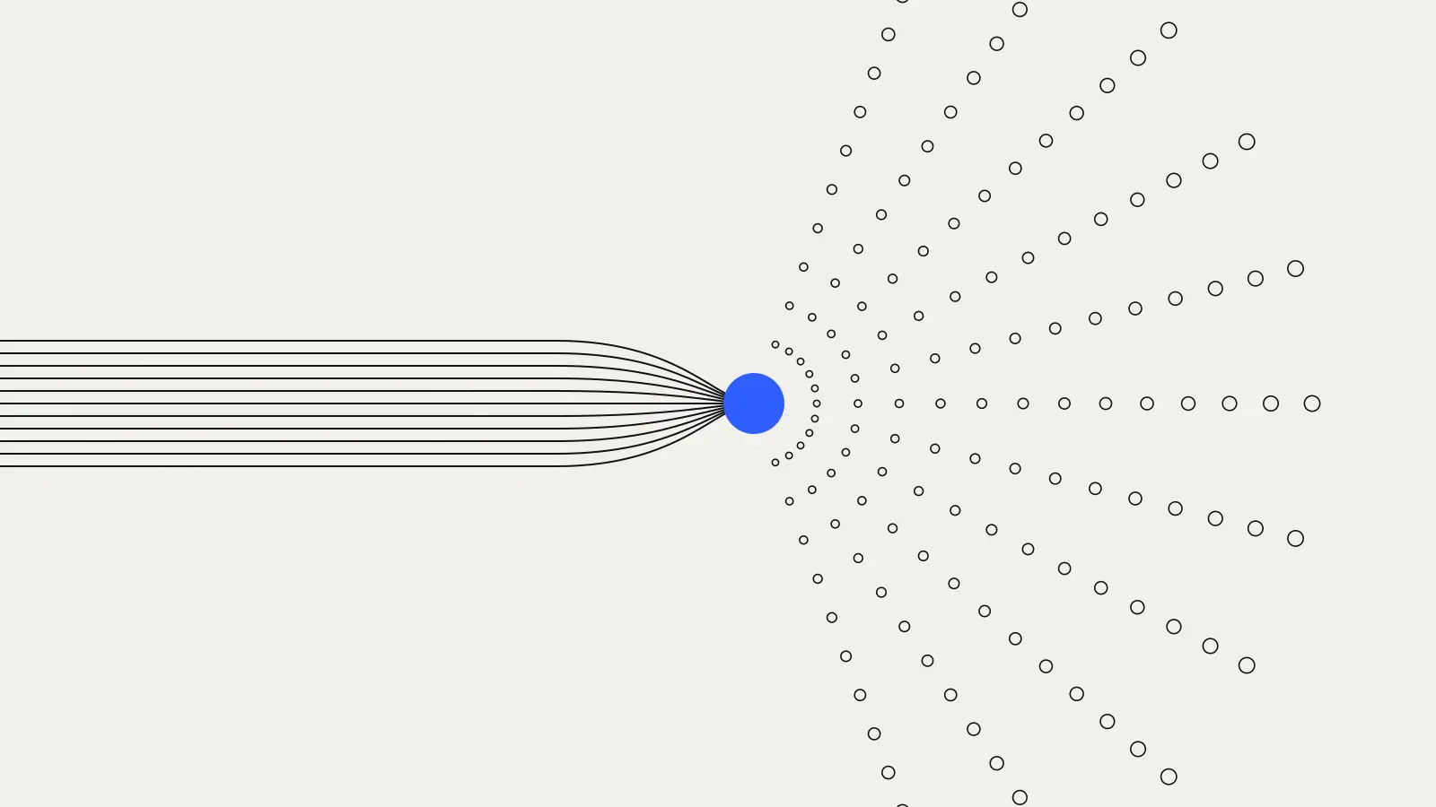 Line drawing: many parallel lines converge into one blue joint, then fan out as dotted paths.