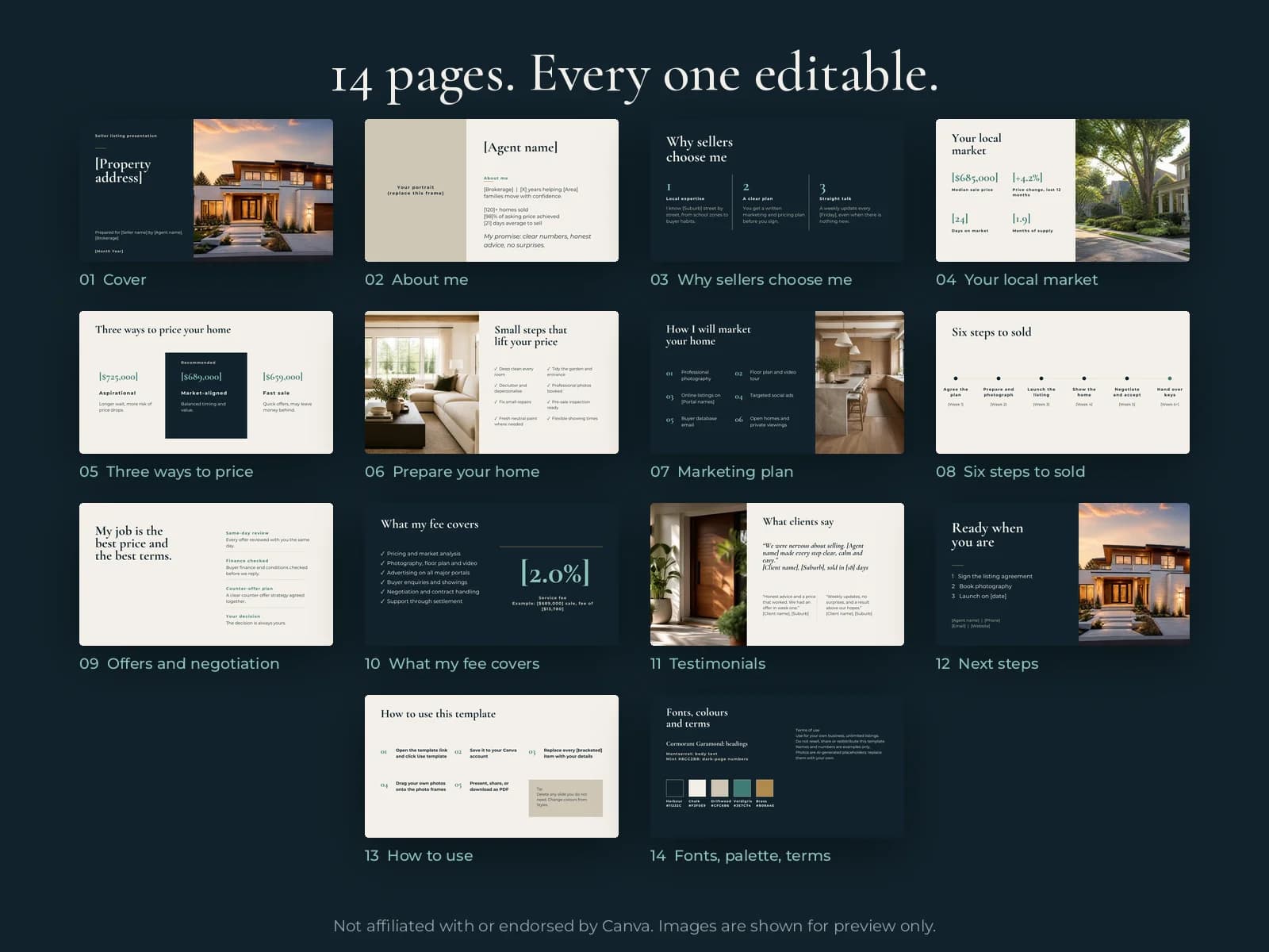 Grid of Win The Listing Kit interior pages for real estate marketing.
