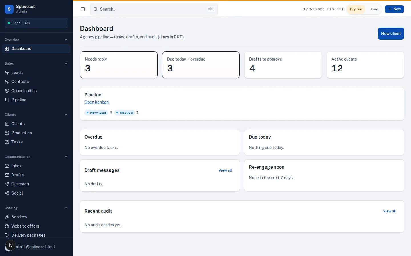 Spliceset admin workspace dashboard with sidebar navigation and summary panels.